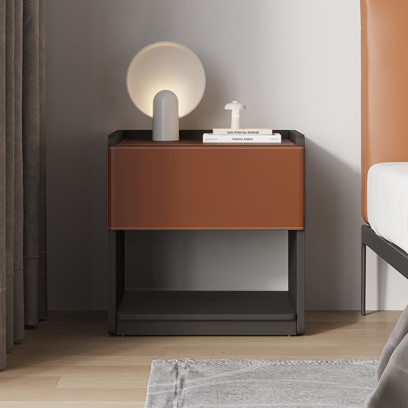 Modern Minimalist Saddle Leather & Plank Square Nightstand With Wireless Charging & 1-Drawer For Bedroom