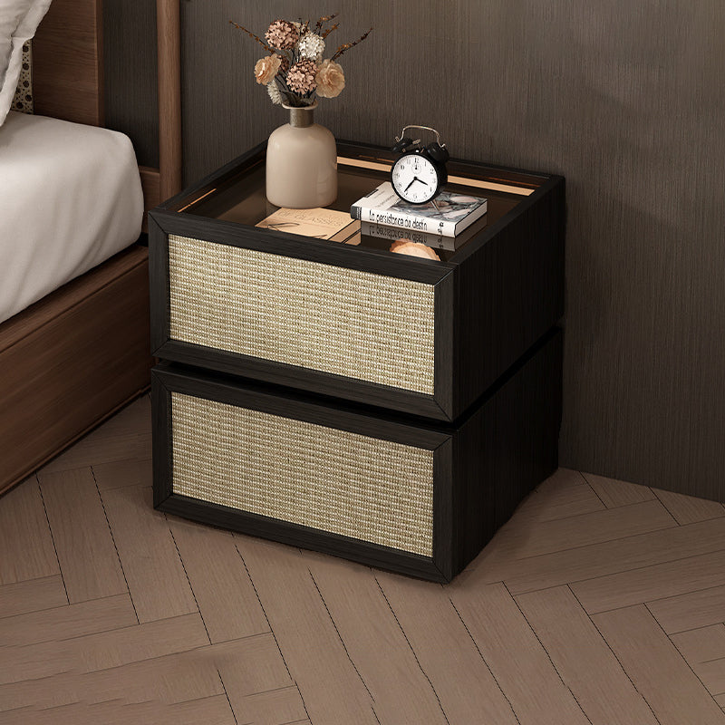 Modern Minimalist Wood Rattan Glass Square Nightstand With 2 Drawers For Bedroom & Living Room