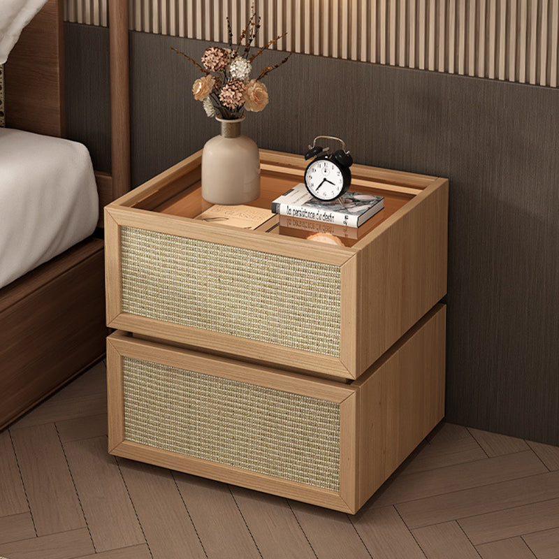 Modern Minimalist Wood Rattan Glass Square Nightstand With 2 Drawers For Bedroom & Living Room