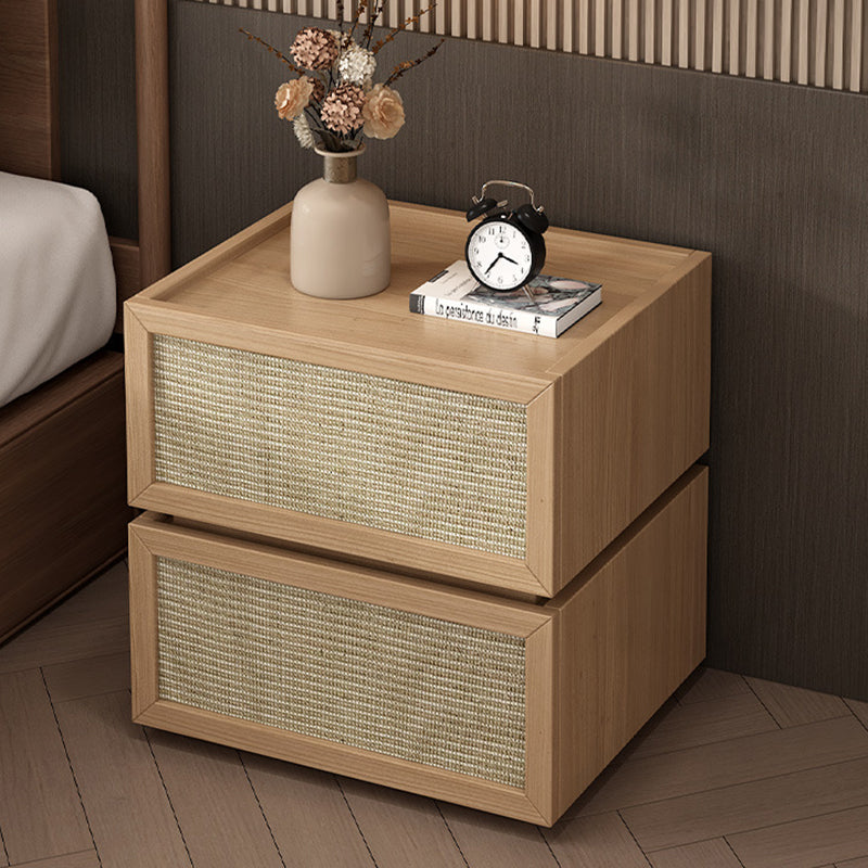 Modern Minimalist Wood Rattan Glass Square Nightstand With 2 Drawers For Bedroom & Living Room