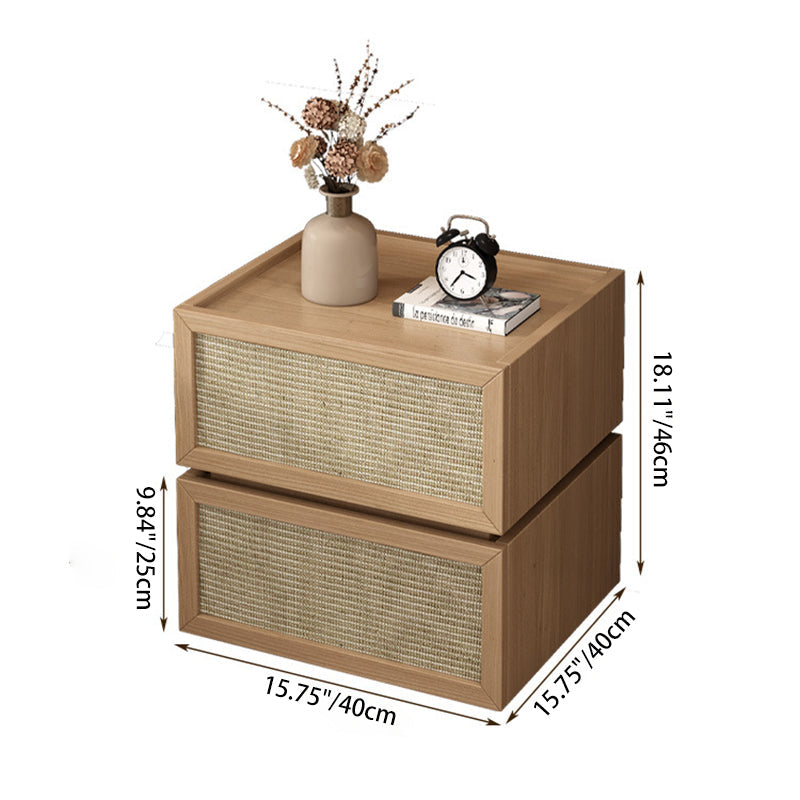 Modern Minimalist Wood Rattan Glass Square Nightstand With 2 Drawers For Bedroom & Living Room