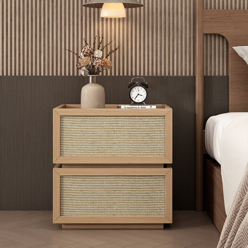 Modern Minimalist Wood Rattan Glass Square Nightstand With 2 Drawers For Bedroom & Living Room