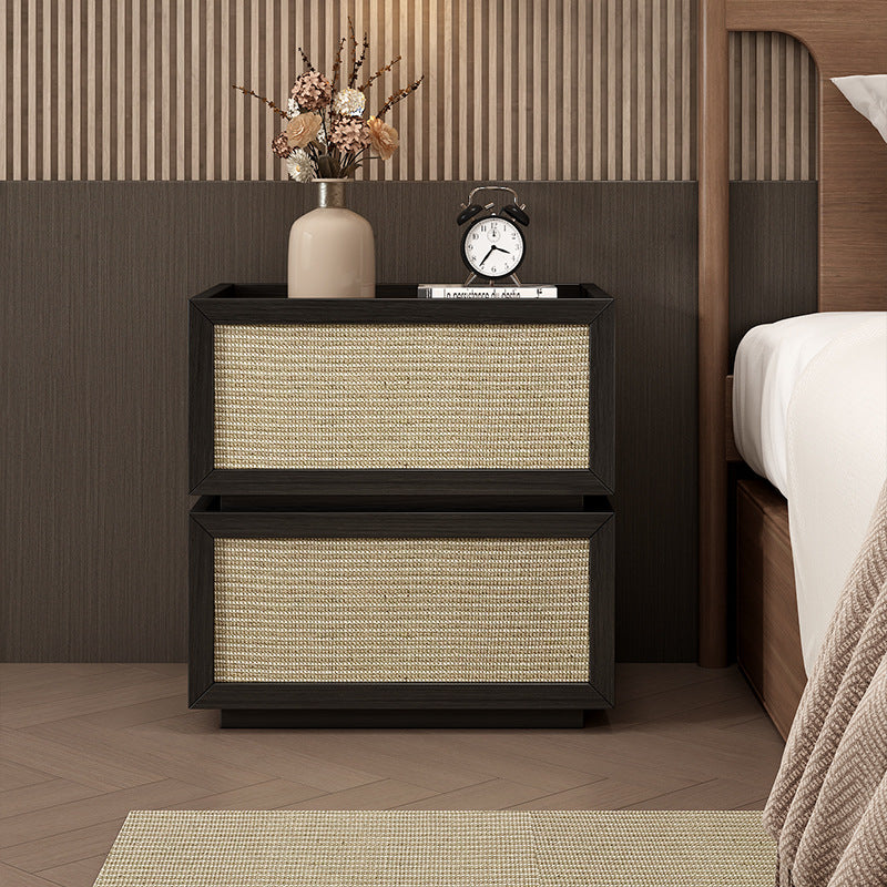 Modern Minimalist Wood Rattan Glass Square Nightstand With 2 Drawers For Bedroom & Living Room