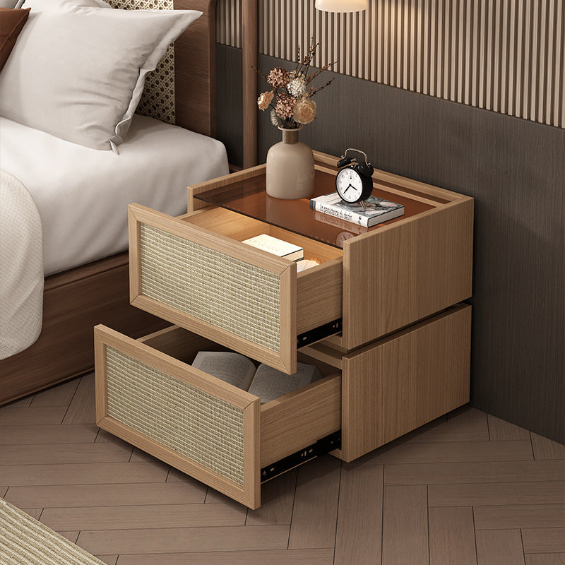 Modern Minimalist Wood Rattan Glass Square Nightstand With 2 Drawers For Bedroom & Living Room