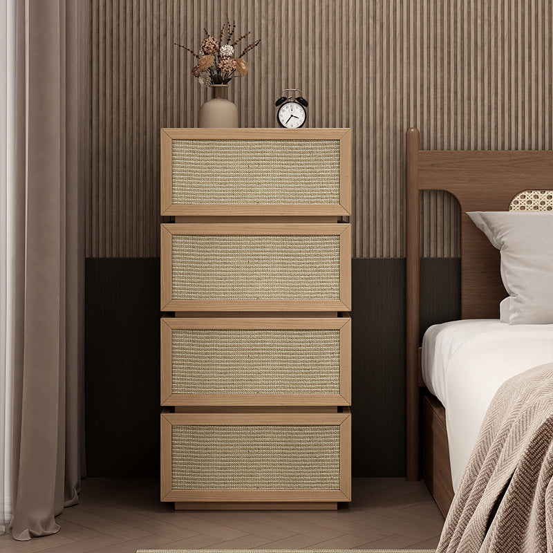 Modern Minimalist Wood Rattan Glass Square Nightstand With 2 Drawers For Bedroom & Living Room