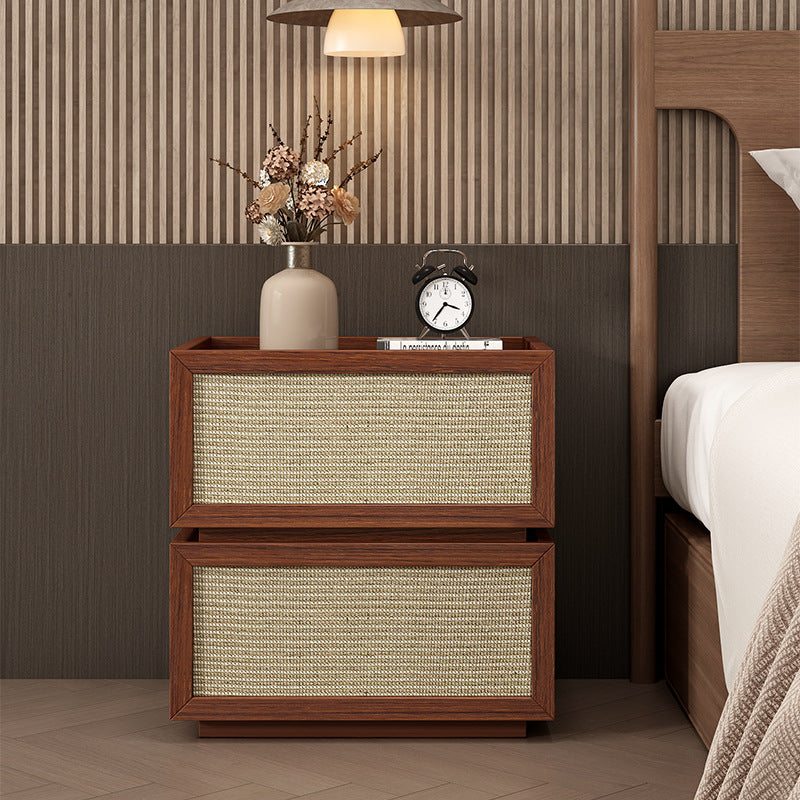 Modern Minimalist Wood Rattan Glass Square Nightstand With 2 Drawers For Bedroom & Living Room