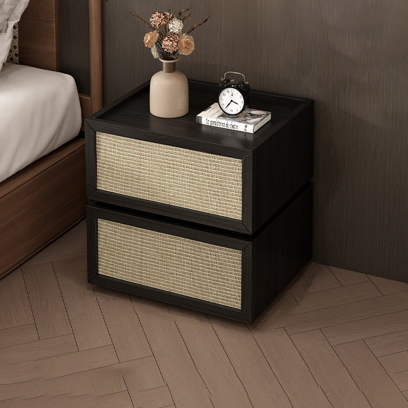 Modern Minimalist Wood Rattan Glass Square Nightstand With 2 Drawers For Bedroom & Living Room