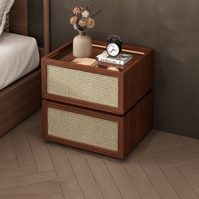 Modern Minimalist Wood Rattan Glass Square Nightstand With 2 Drawers For Bedroom & Living Room