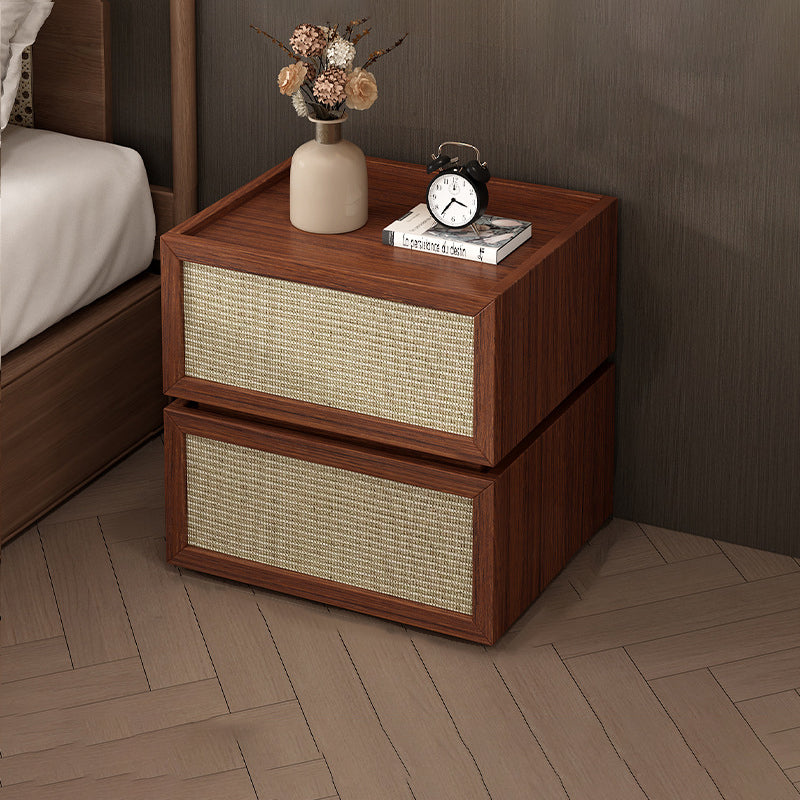 Modern Minimalist Wood Rattan Glass Square Nightstand With 2 Drawers For Bedroom & Living Room