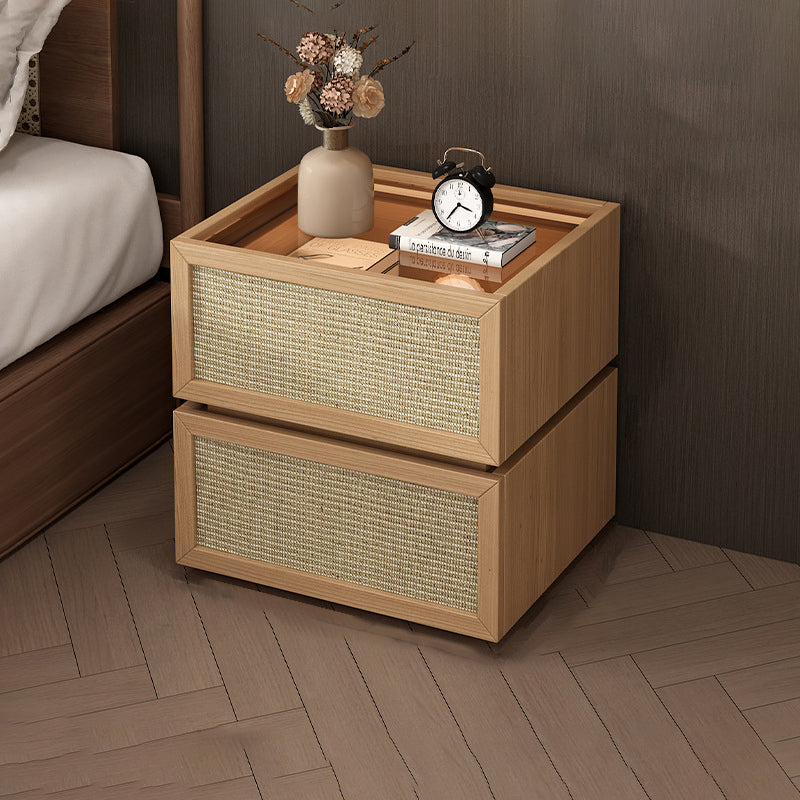Modern Minimalist Wood Rattan Glass Square Nightstand With 2 Drawers For Bedroom & Living Room