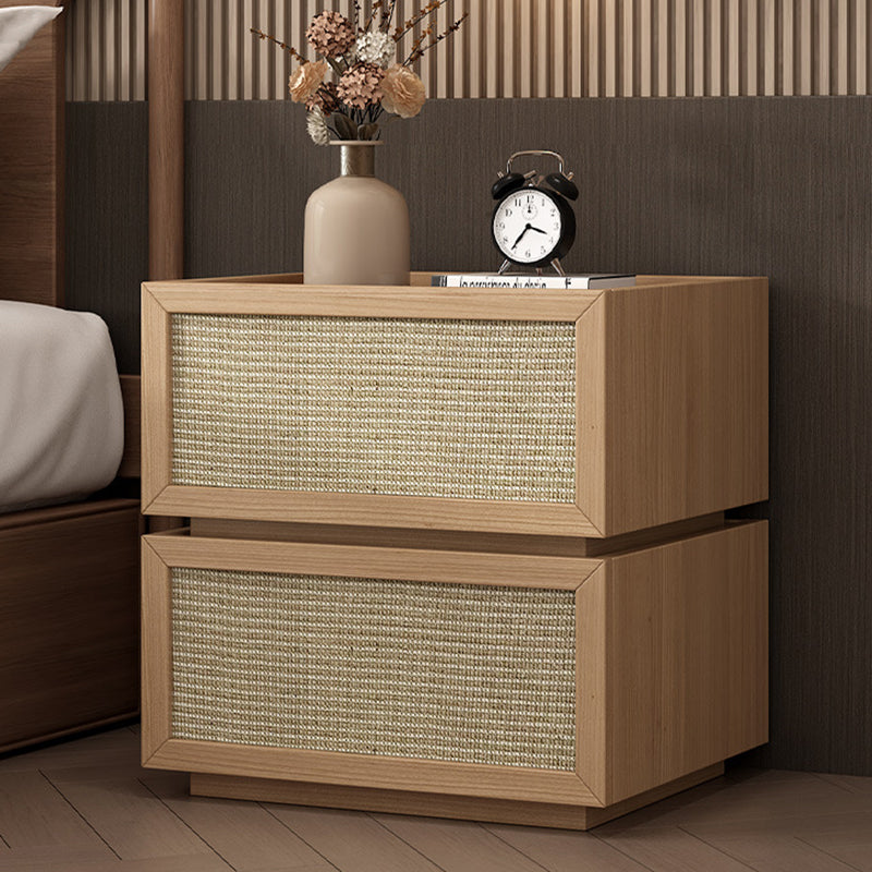 Modern Minimalist Wood Rattan Glass Square Nightstand With 2 Drawers For Bedroom & Living Room