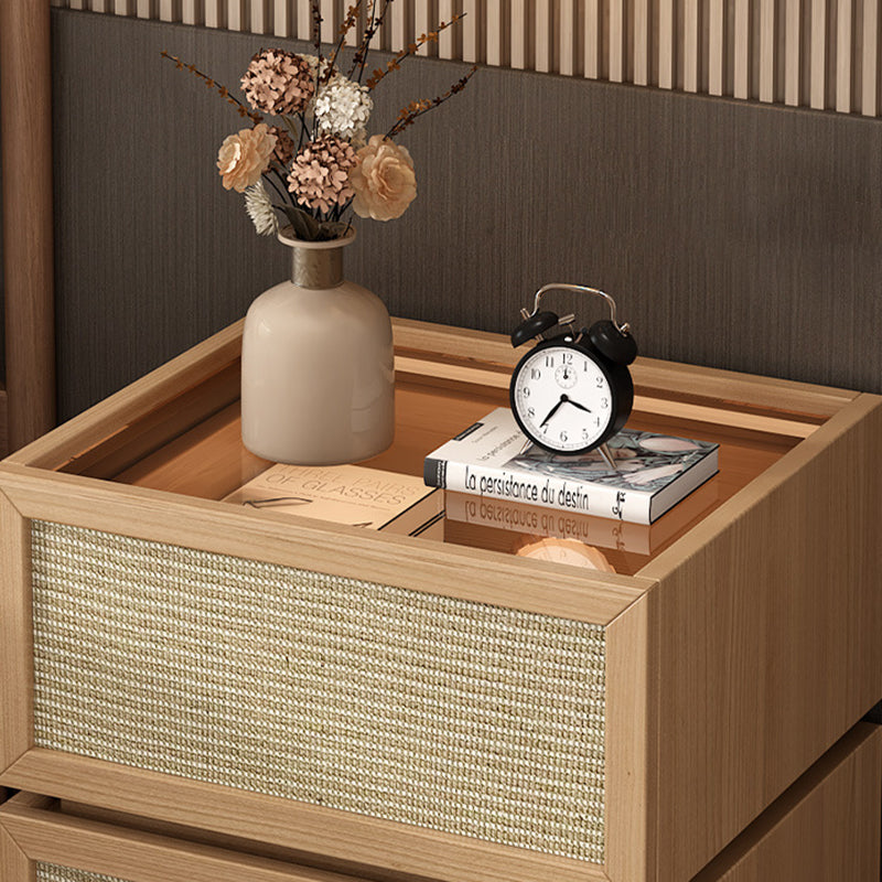 Modern Minimalist Wood Rattan Glass Square Nightstand With 2 Drawers For Bedroom & Living Room