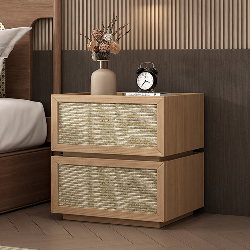Modern Minimalist Wood Rattan Glass Square Nightstand With 2 Drawers For Bedroom & Living Room