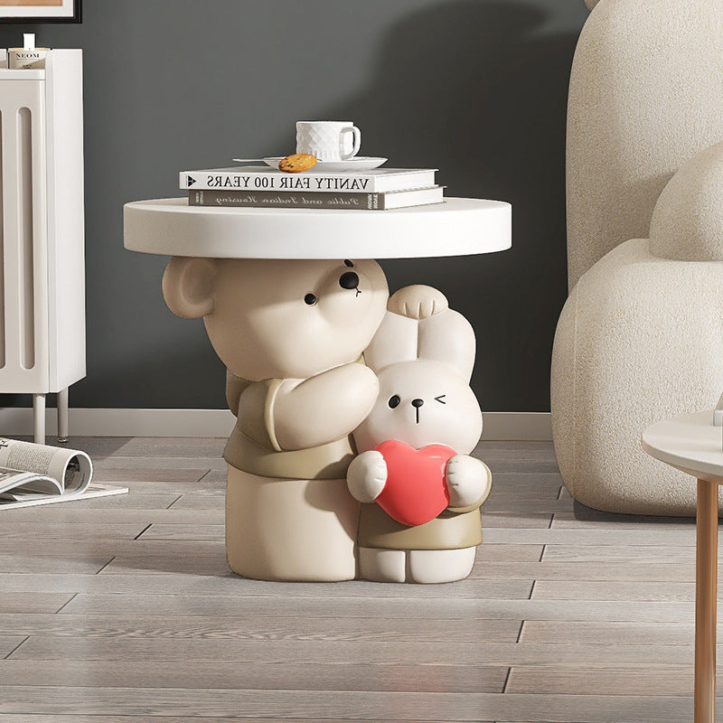 Contemporary Creative Resin Bear & Bunny Base Round Side Table For Living Room & Bedroom