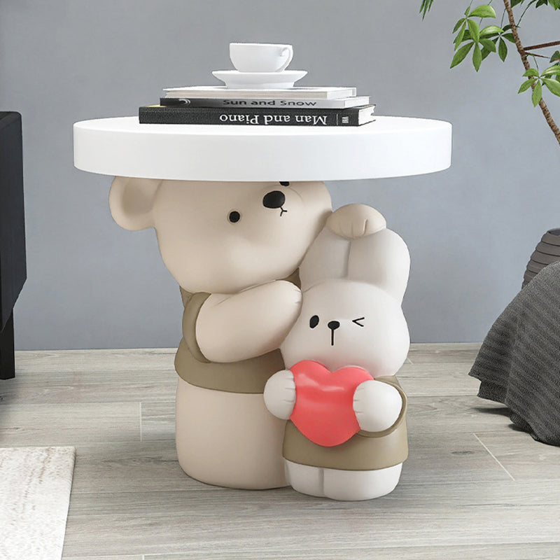 Contemporary Creative Resin Bear & Bunny Base Round Side Table For Living Room & Bedroom