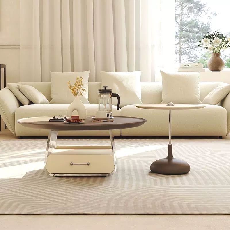 Traditional French Plank, Acrylic & Wood Round Trapezoid Coffee Table With 1-Drawer For Bedroom And Living Room