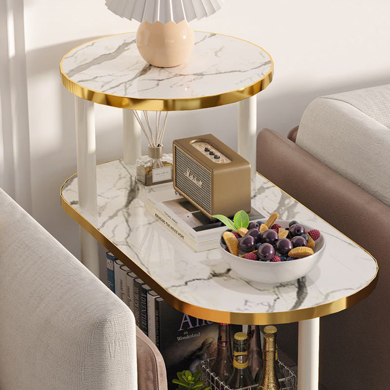 Modern Minimalist Rock Slab & Wood Oval Side Table With 3-Tier Storage For Bedroom And Living Room