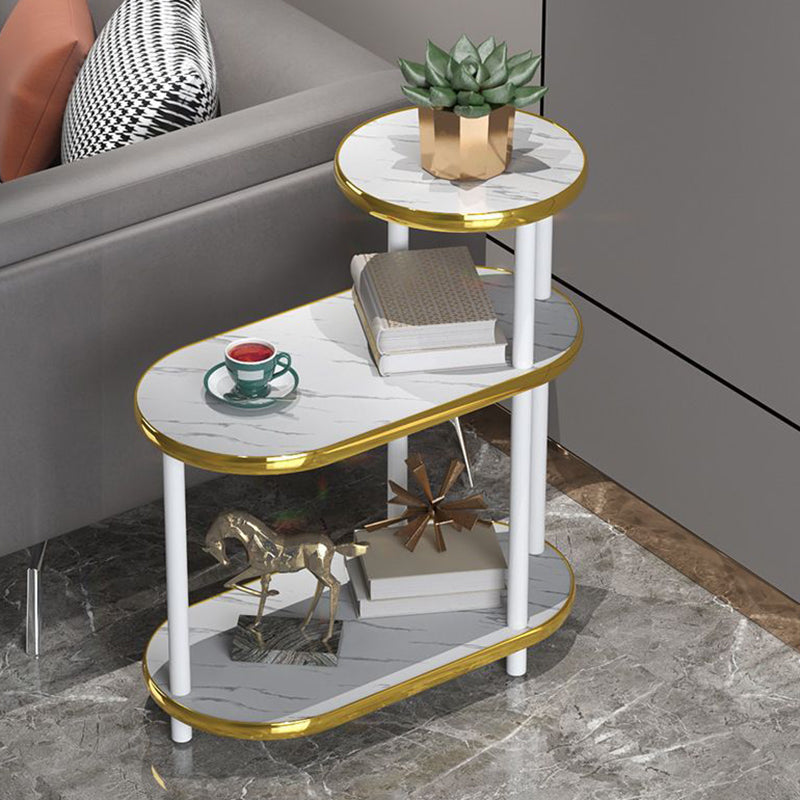 Modern Minimalist Rock Slab & Wood Oval Side Table With 3-Tier Storage For Bedroom And Living Room