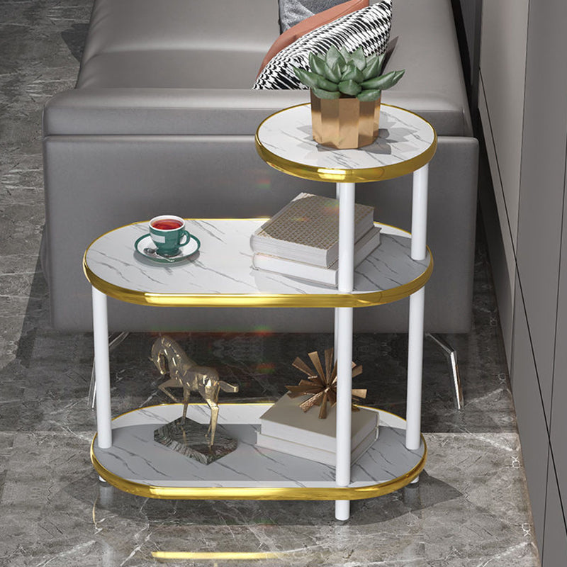 Modern Minimalist Rock Slab & Wood Oval Side Table With 3-Tier Storage For Bedroom And Living Room