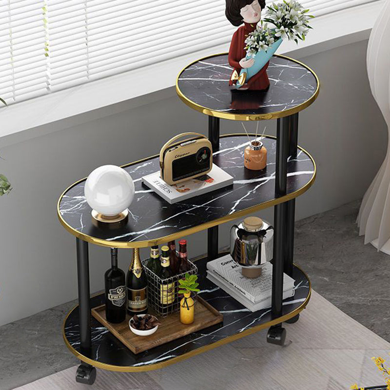 Modern Minimalist Rock Slab & Wood Oval Side Table With 3-Tier Storage For Bedroom And Living Room