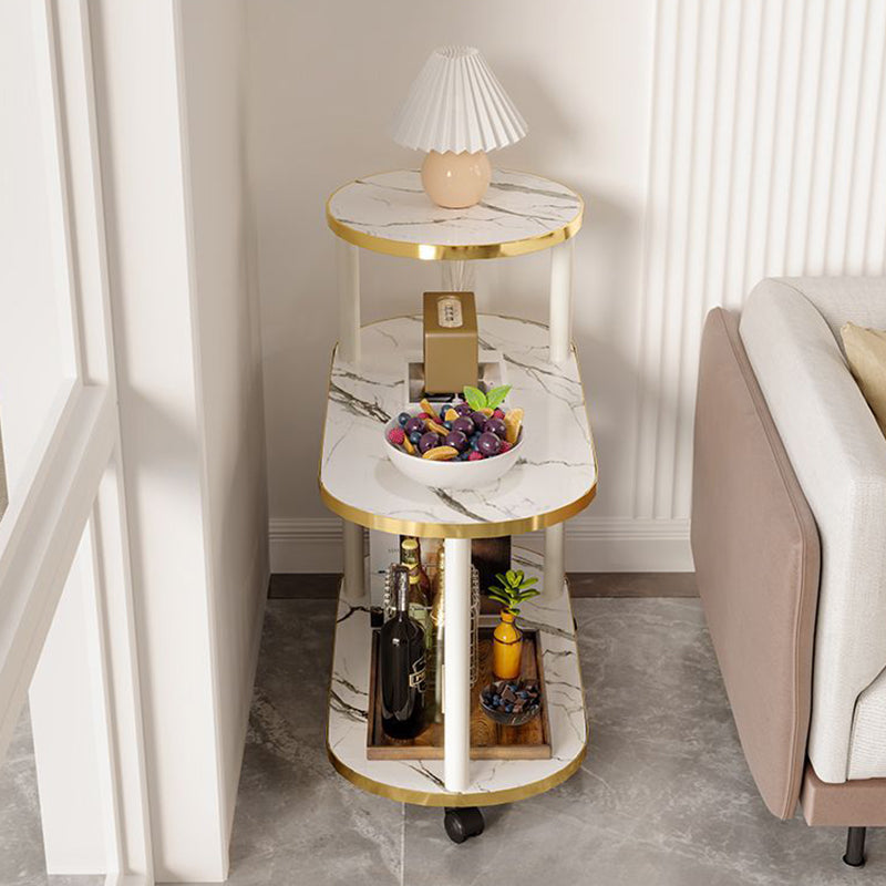 Modern Minimalist Rock Slab & Wood Oval Side Table With 3-Tier Storage For Bedroom And Living Room
