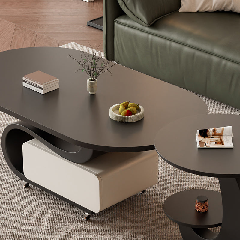 Contemporary Nordic Rock Slab & Carbon Steel Oval Coffee Table With 1-Drawer For Living Room And Bedroom