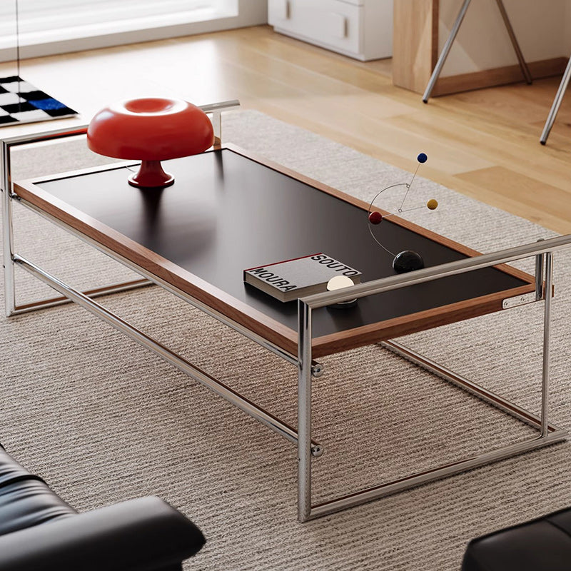 Contemporary Nordic Plank, Wood & Stainless Steel Rectangular Coffee Table With 90° Flip Top For Living Room And Bedroom