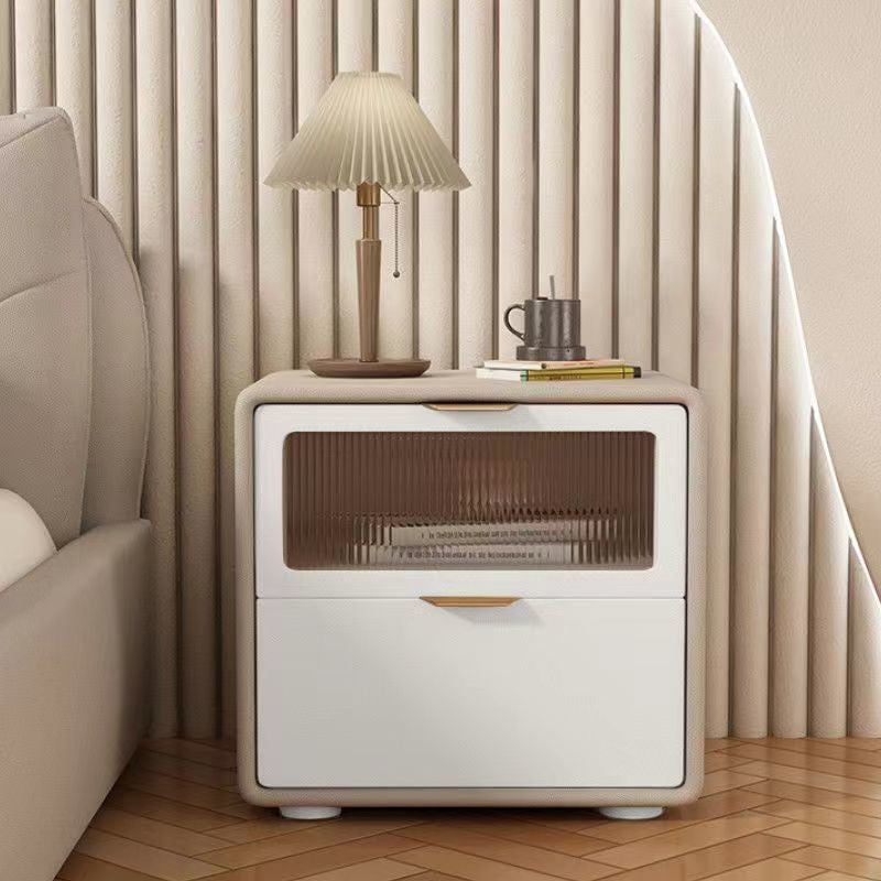 Contemporary Nordic Microfiber Leather, Wood & Glass Square Nightstand With 2 Drawers For Bedroom And Living Room