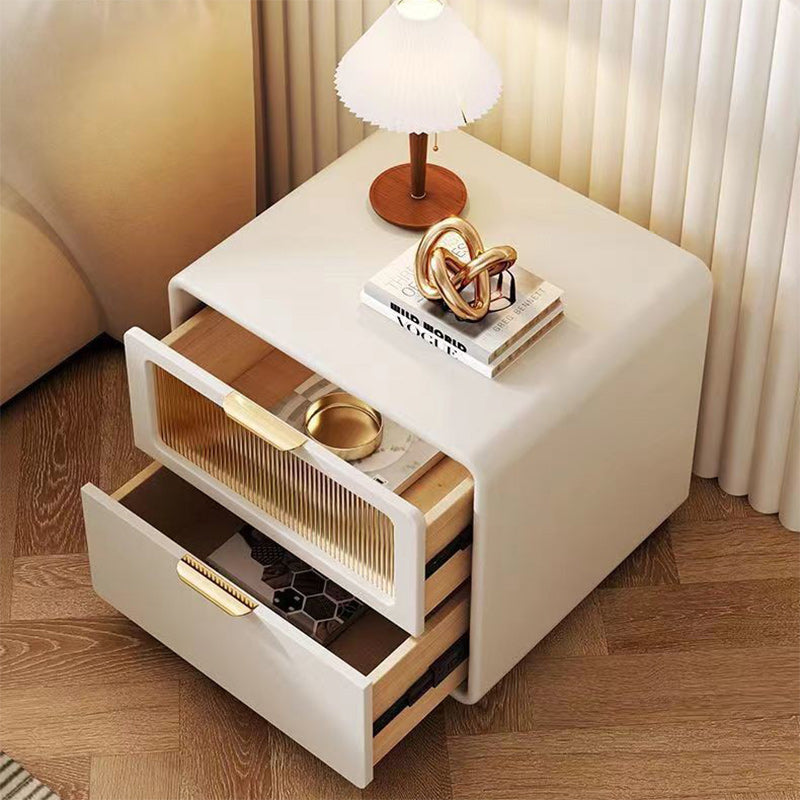 Contemporary Nordic Microfiber Leather, Wood & Glass Square Nightstand With 2 Drawers For Bedroom And Living Room