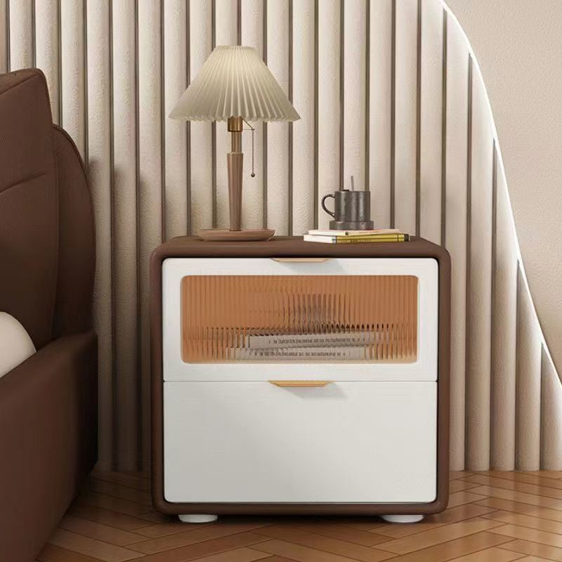 Contemporary Nordic Microfiber Leather, Wood & Glass Square Nightstand With 2 Drawers For Bedroom And Living Room