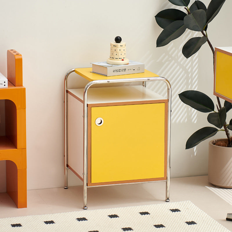 Contemporary Nordic Plank & Stainless Steel Rectangular Nightstand With 1-Cabinet For Bedroom And Living Room