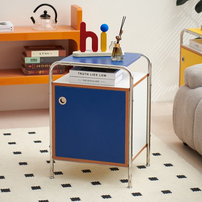 Contemporary Nordic Plank & Stainless Steel Rectangular Nightstand With 1-Cabinet For Bedroom And Living Room