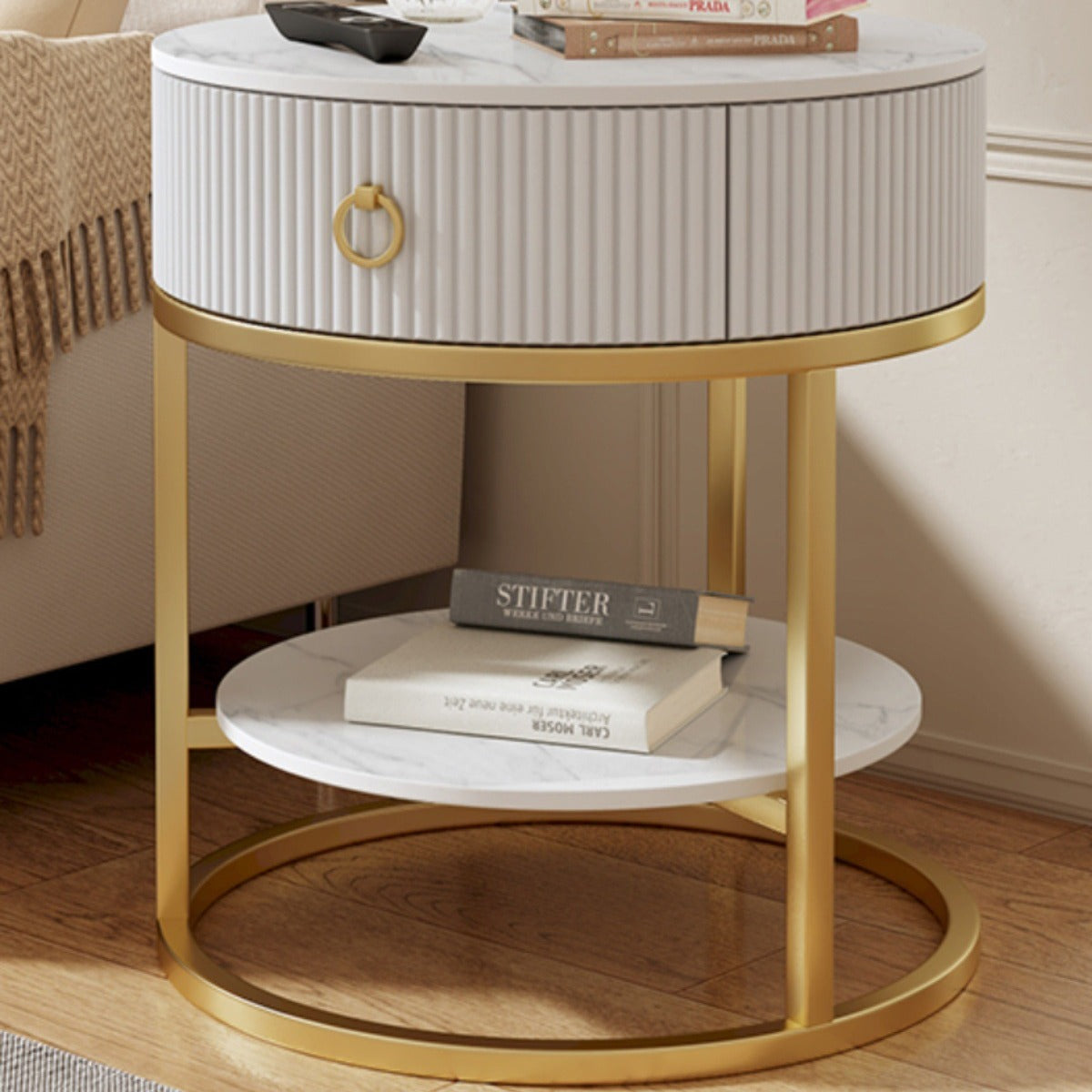 Modern Minimalist Rock Slab & Carbon Steel Round Side Table With 1-Drawer For Bedroom & Living Room