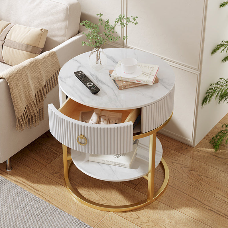 Modern Minimalist Rock Slab & Carbon Steel Round Side Table With 1-Drawer For Bedroom & Living Room
