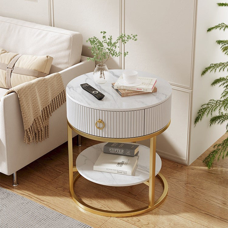 Modern Minimalist Rock Slab & Carbon Steel Round Side Table With 1-Drawer For Bedroom & Living Room