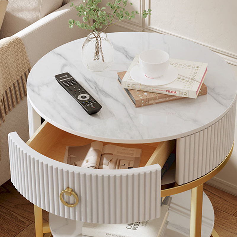 Modern Minimalist Rock Slab & Carbon Steel Round Side Table With 1-Drawer For Bedroom & Living Room