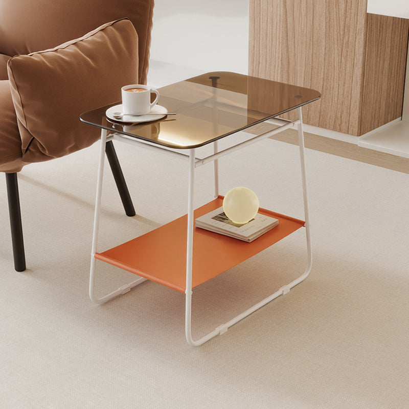 Modern Minimalist Glass & Carbon Steel Rectangular Side Table With 2-Tier Storage For Bedroom & Living Room