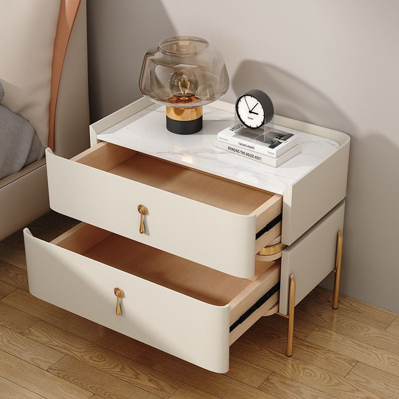 Modern Minimalist Carbon Steel, Rock Slab & Wood Rectangular Nightstand 2-Drawer For Bedroom & Living Room