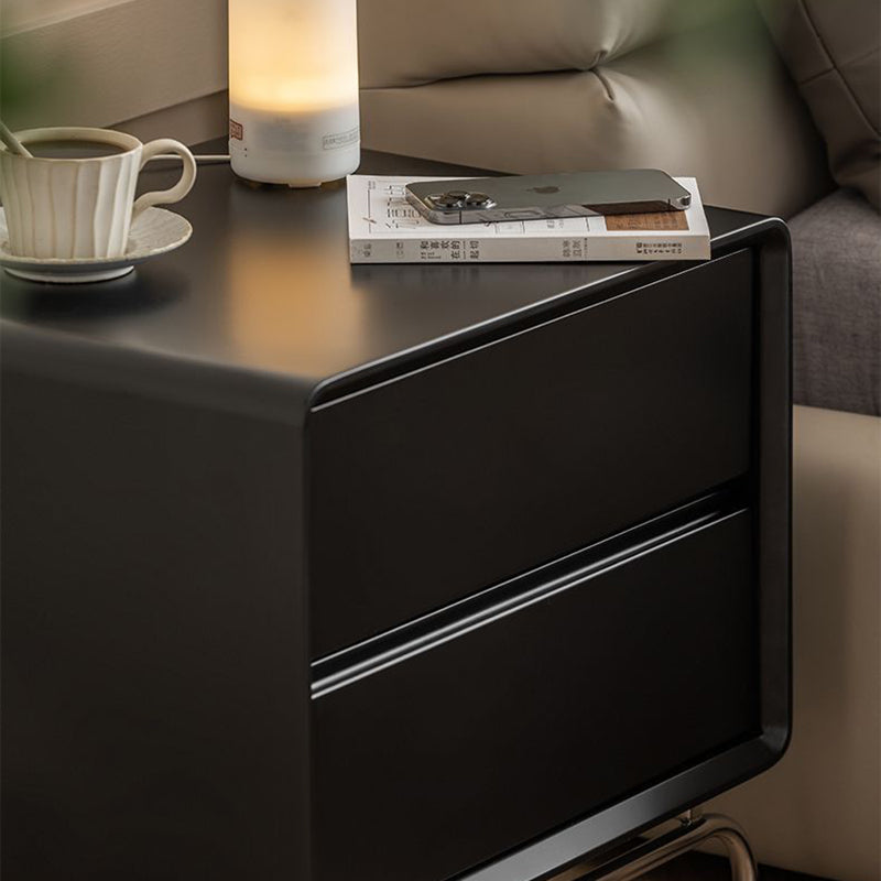 Contemporary Nordic Wood & Stainless Steel Rectangular Nightstand With 2 Drawers For Bedroom & Living Room