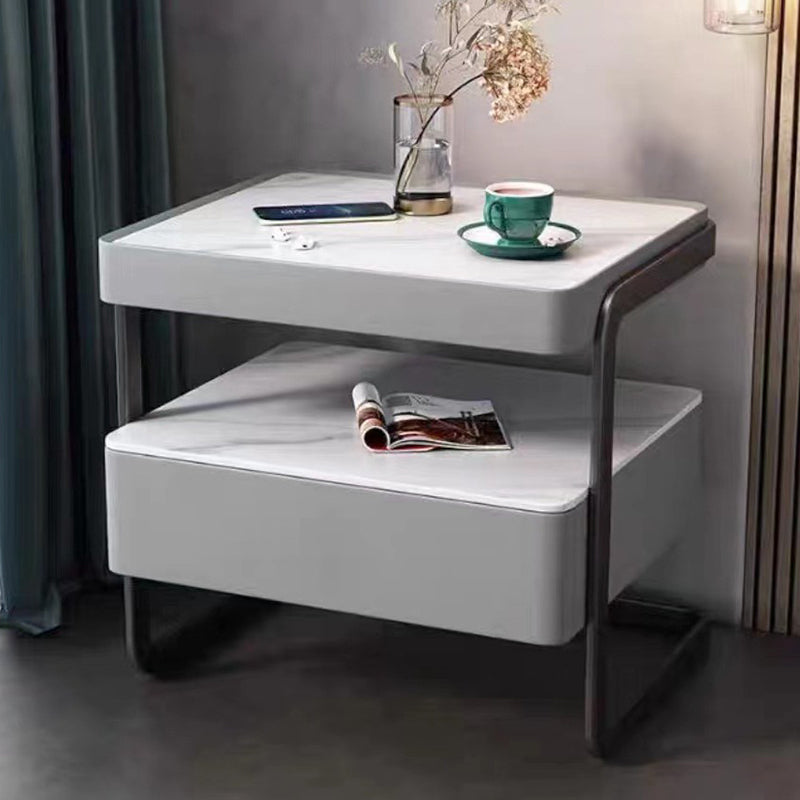 Modern Minimalist Rock Slab, Glass, PU Leather, Wood & Carbon Steel Rectangular Nightstand With 1-Drawer For Bedroom & Living Room