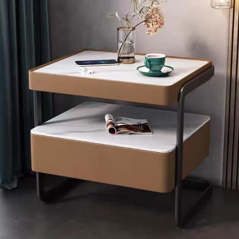 Modern Minimalist Rock Slab, Glass, PU Leather, Wood & Carbon Steel Rectangular Nightstand With 1-Drawer For Bedroom & Living Room