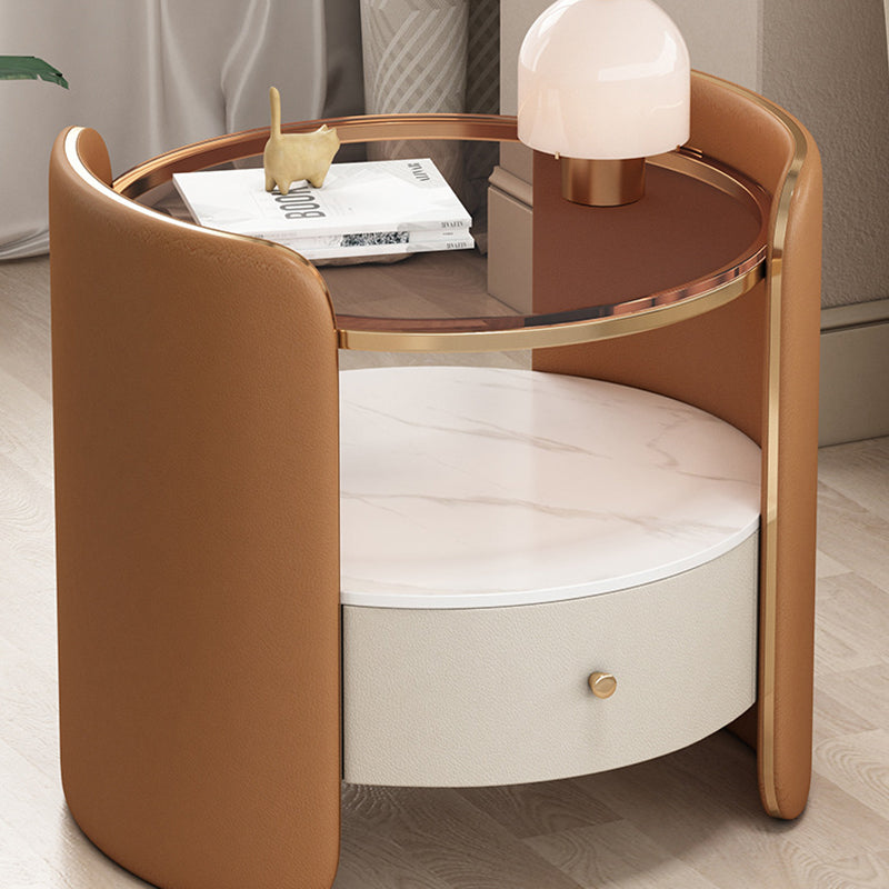Modern Minimalist Glass, Rock Slab & Wood Round Cylinder Nightstand With 1-Drawer For Bedroom & Living Room