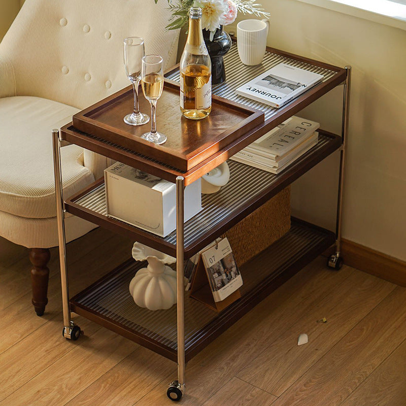 Traditional Vintage Wood, Glass & Stainless Steel Rectangular Side Table With 3-Tier Storage For Living Room & Bedroom