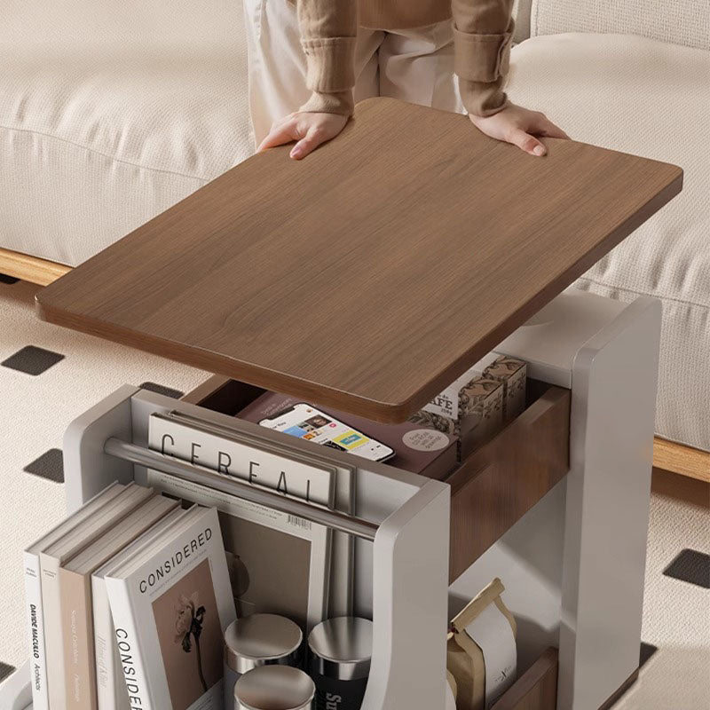 Contemporary Nordic Eco-Board & Stainless Steel Trapezoid Side Table With 1-Drawer And Rotatable Liftable Top For Bedroom & Living Room