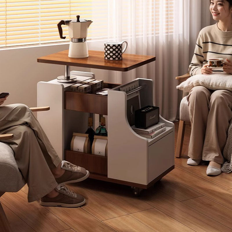 Contemporary Nordic Eco-Board & Stainless Steel Trapezoid Side Table With 1-Drawer And Rotatable Liftable Top For Bedroom & Living Room