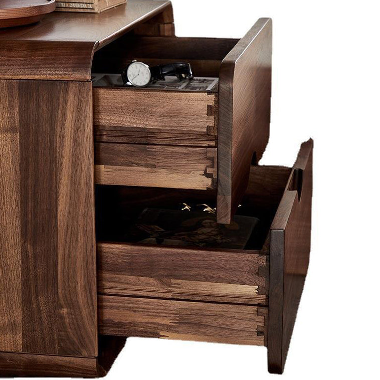 Traditional Vintage Black Walnut Rounded Square Nightstand With 2 Drawers For Bedroom