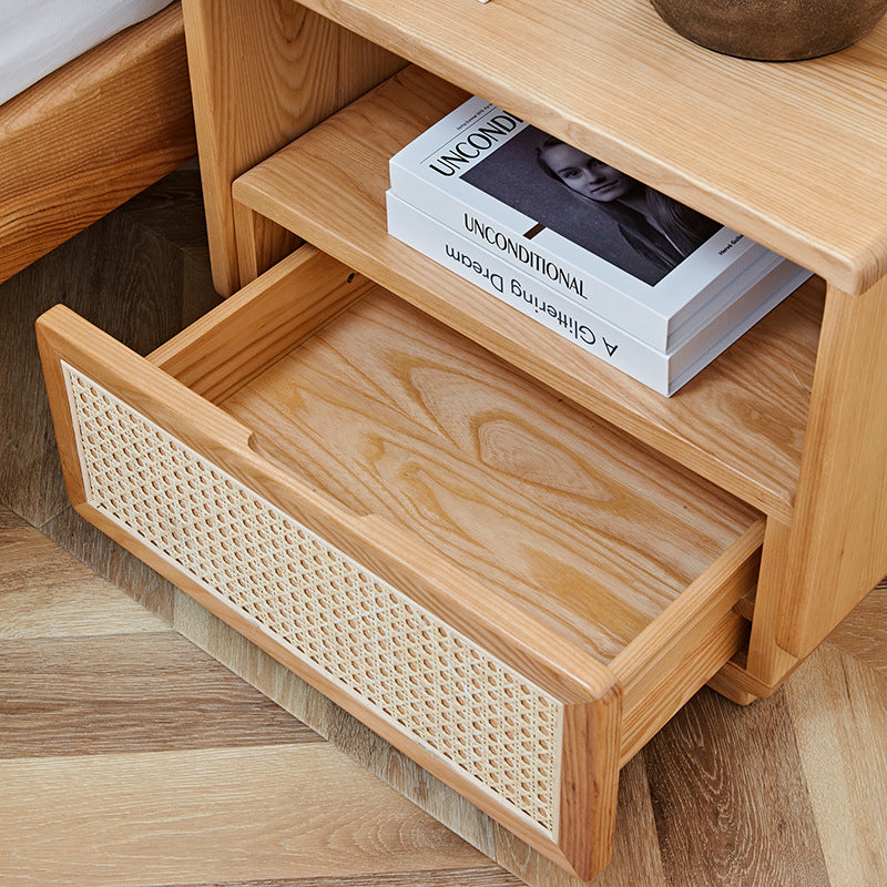 Modern Minimalist Ash Wood Rounded Rectangular Nightstand With 1-Drawer For Bedroom