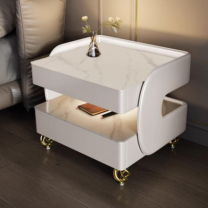 Contemporary Scandinavian Sintered Stone Glass Metal Wood Square Nightstand 2-Tier For Bedroom