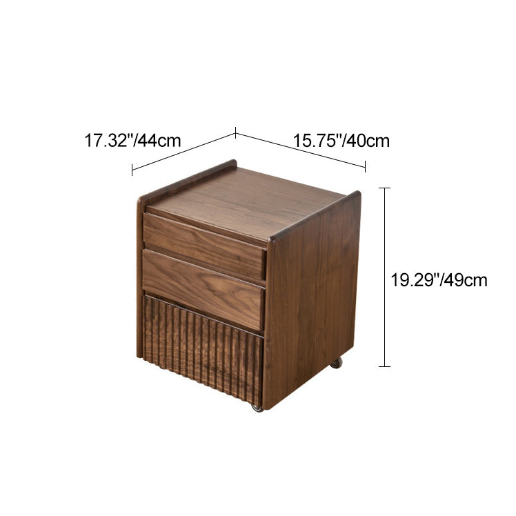 Traditional Vintage Walnut Rectangular Piano-Key Movable Nightstand 3-Drawers For Bedroom