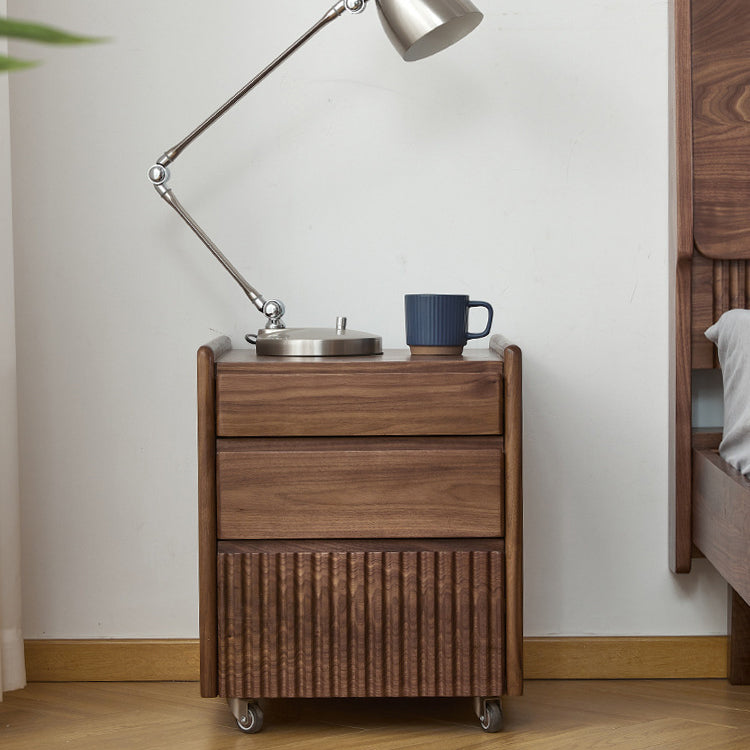 Traditional Vintage Walnut Rectangular Piano-Key Movable Nightstand 3-Drawers For Bedroom